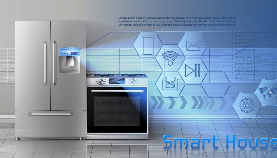 Vector concept illustration of smart house, internet of things, wireless digital technologies to manage household appliances. Background with kitchen stove, refrigerator and blue virtual interface
