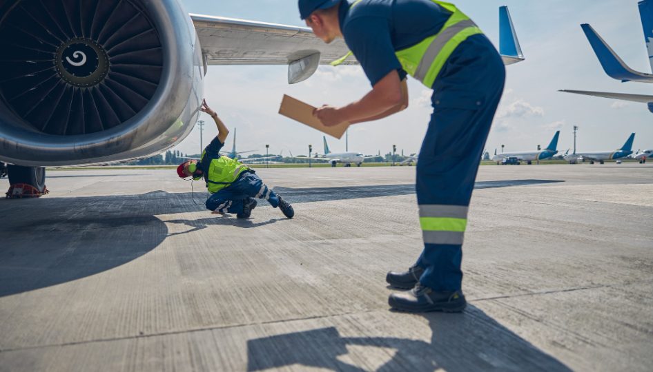 due-tecnici-della-manutenzione-eseguono-un-ispezione-di-routine-di-un-veicolo-aereo-parcheggiato-all-aeroporto